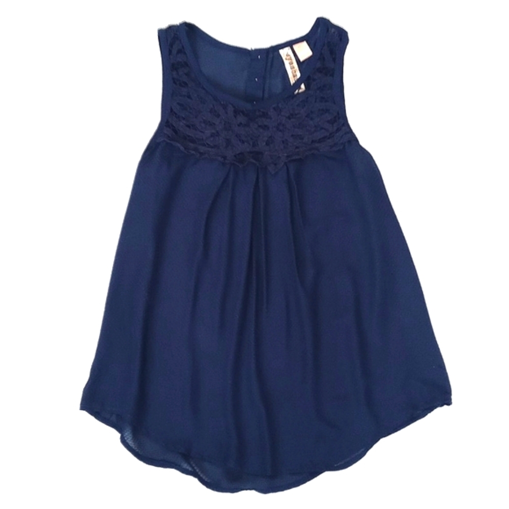 Eyeshadow Women's Deep Sea Blue Summer Semi Sheer Sleeveless Blouse Lace Trim M